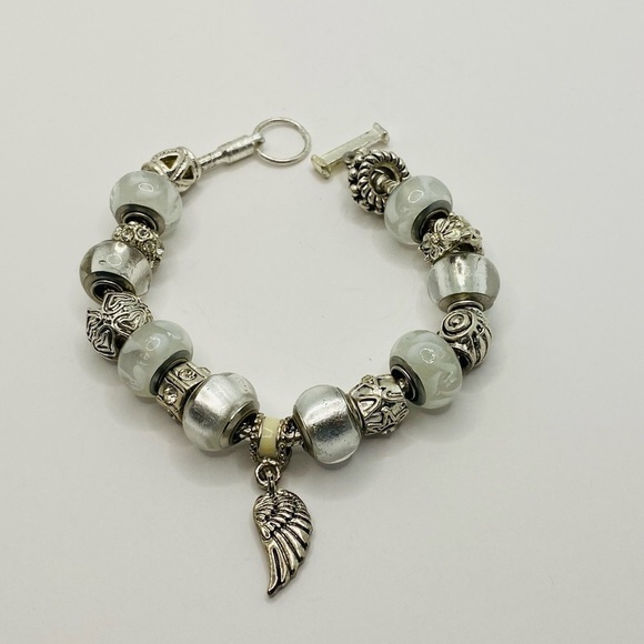 Charm Bracelet White Glass Beads Silver Tone 8” - Picture 4 of 5